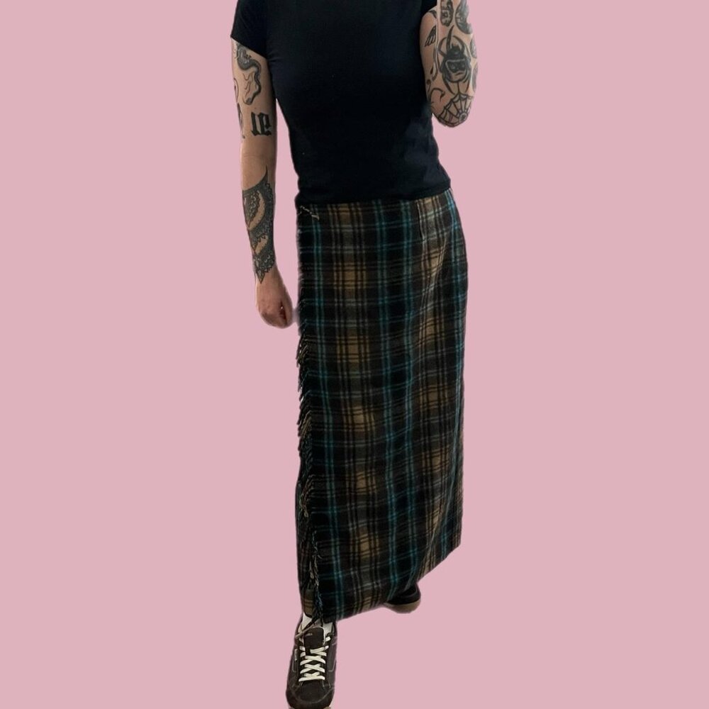 y2k Brown and blue plaid boho preppy academia grunge wrap skirt with fringe